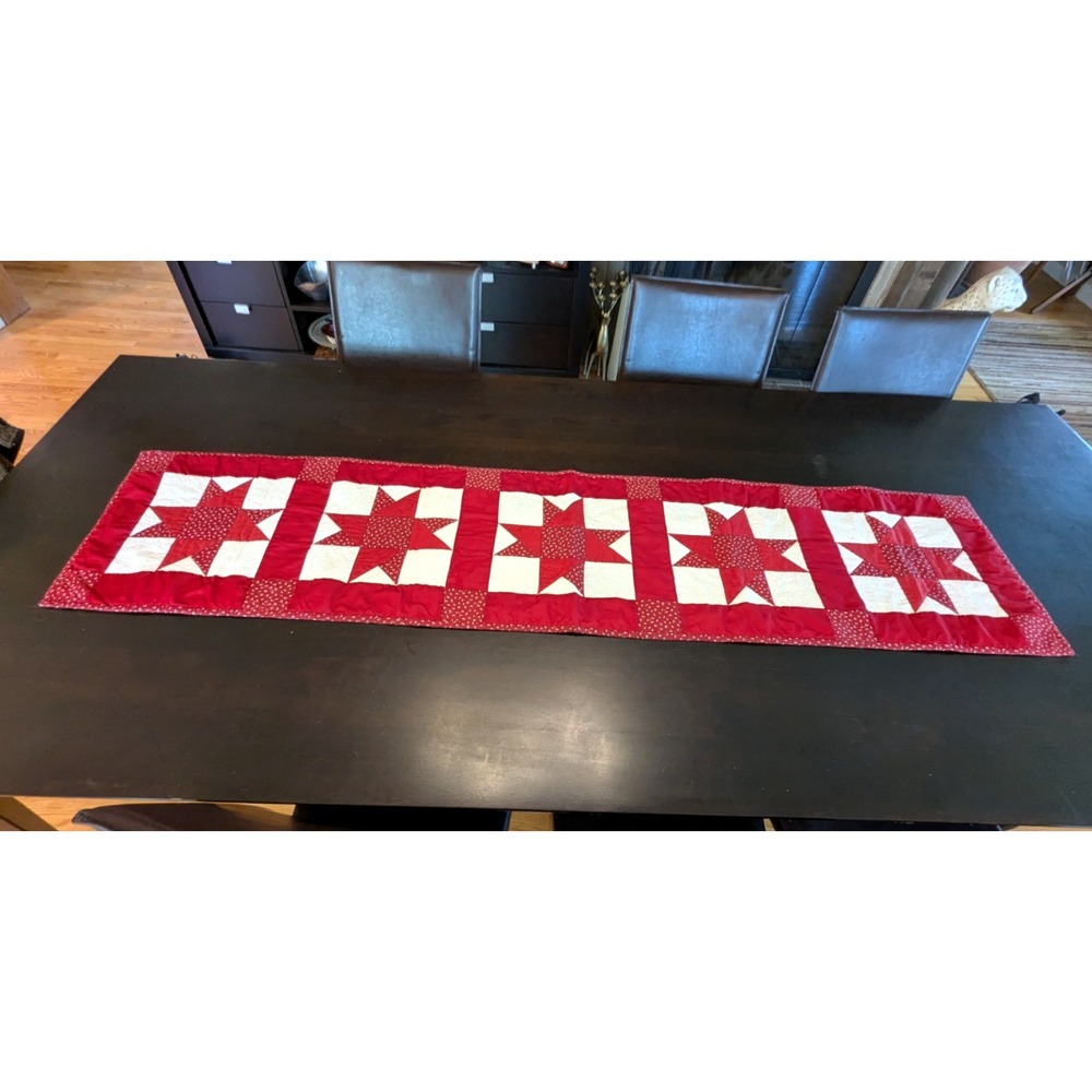 Vintage Handmade Red White Barn Star Quilted Table Runner Farmhouse Signed 68''